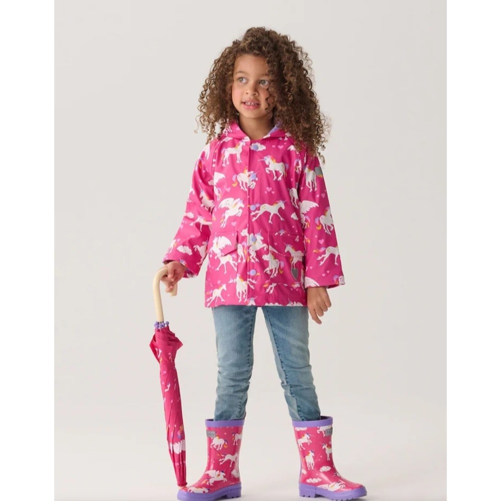 Hatley Kids Pink Unicorn Pegasus Waterproof Hooded Rain Jacket Size 4 Coat